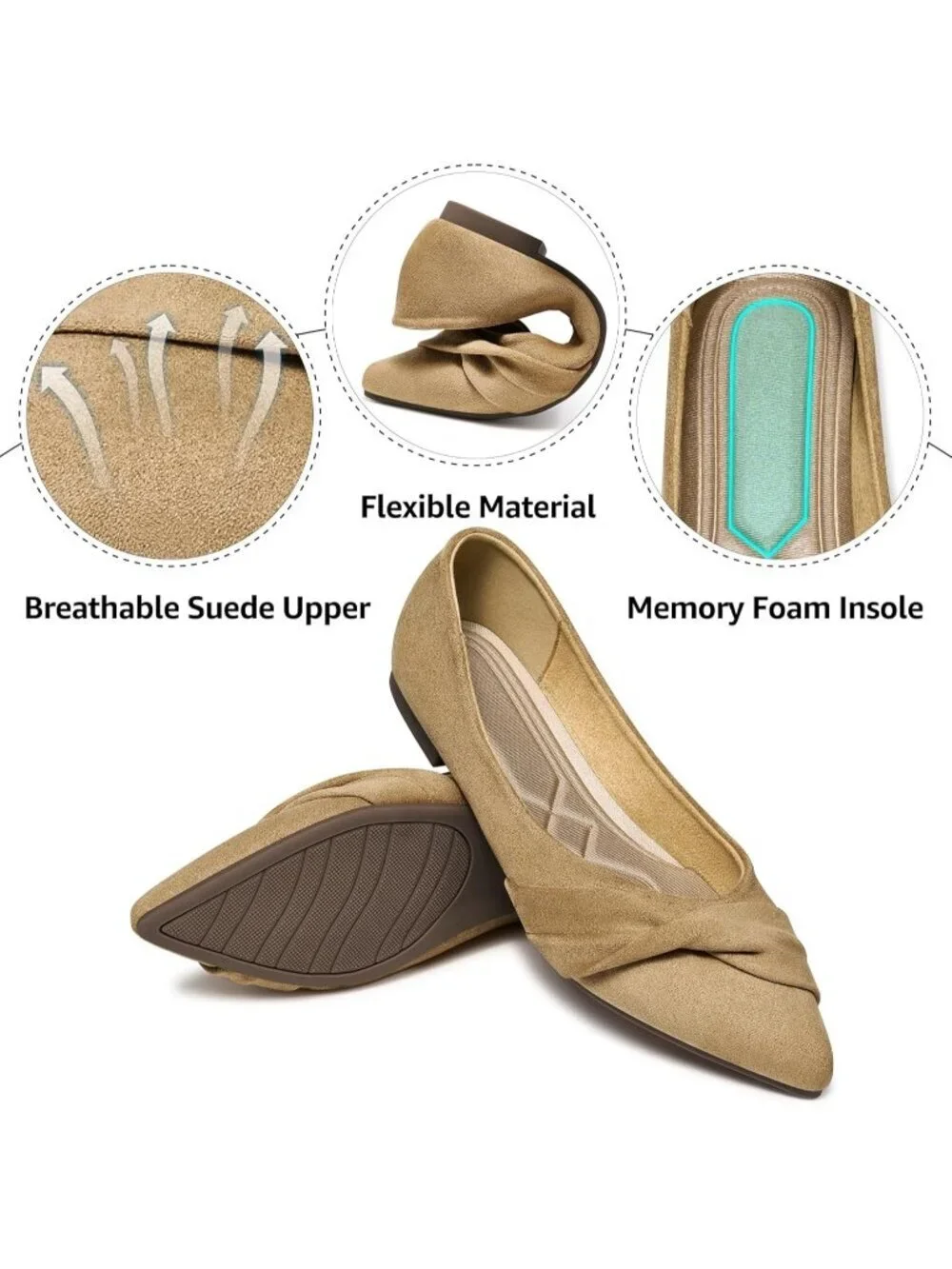 Women's Wheat Suede Comfortable Lightweight Casual Slip On Pointed Toe Bow Flats